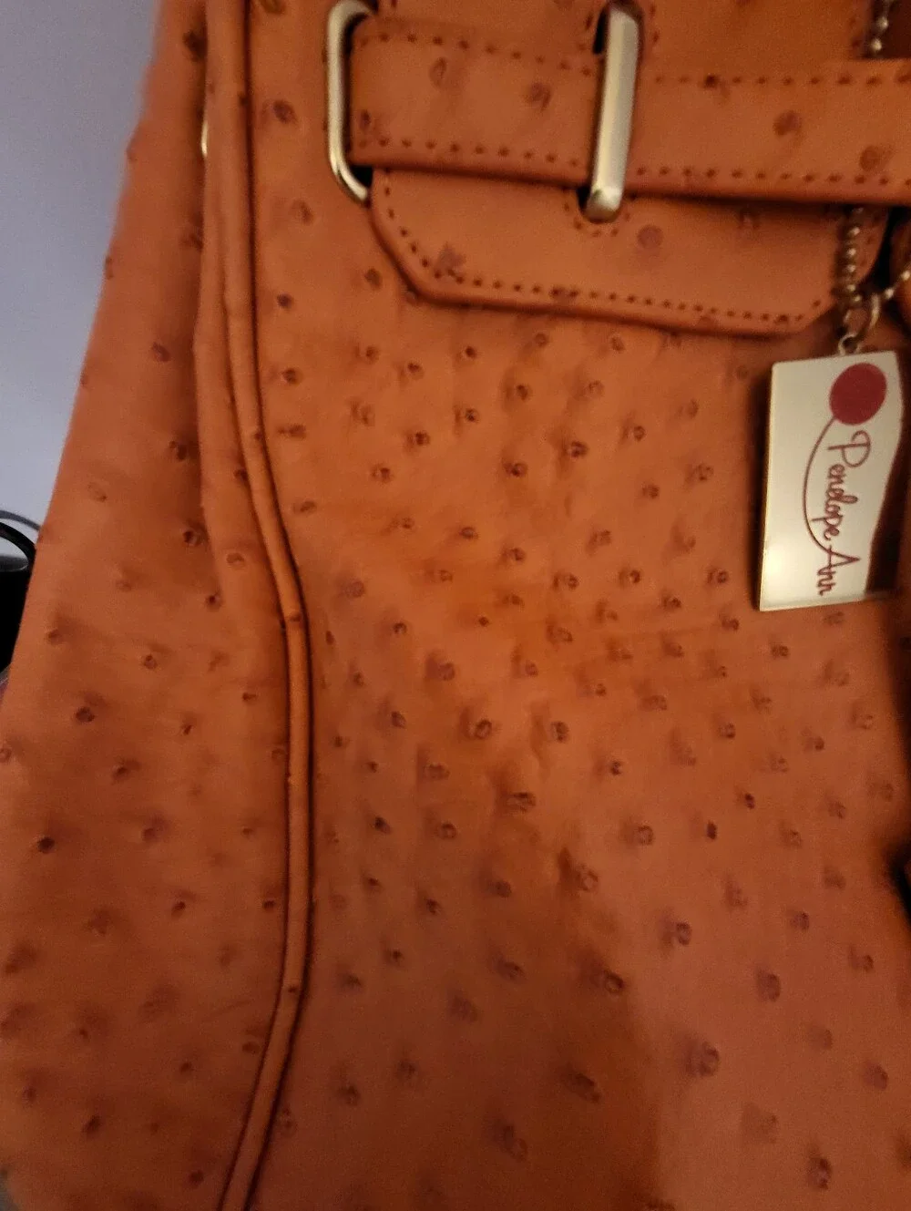 NWOT Penelope Ann 14.5x12x6  Orange Ostrich-Texture Top-Handle Tote Bag - Picture 10 of 14
